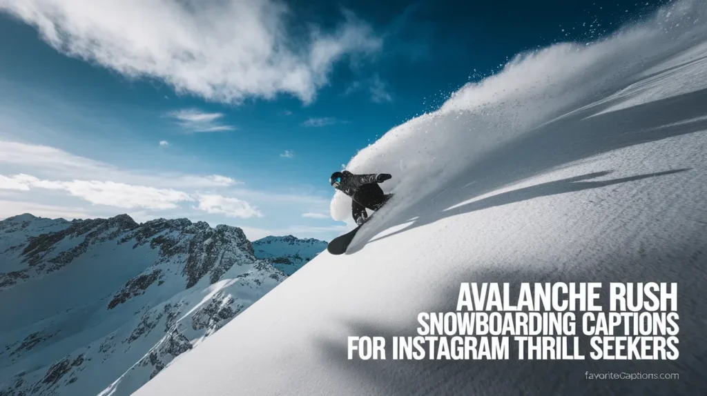 Create a professional featured images for an article with the title exactly written on the image, make sure the title is readable. Add the name of my website as a watermark in the right bottom corner of all images the name is "favoritecaptions.com". Remember that the title should write on all images. the title is:
Avalanche rush snowboarding captions for Instagram thrill seekers