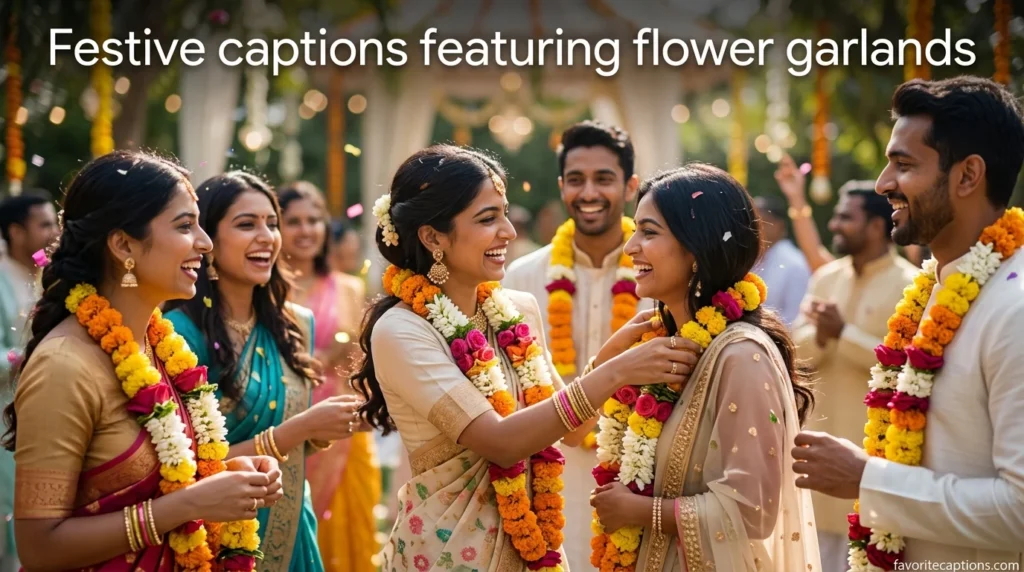 Festive captions featuring flower garlands